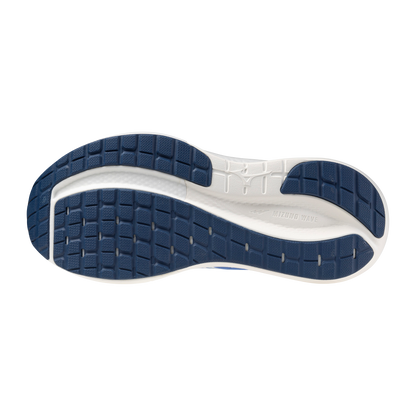 Close-up of a shoe sole with blue tread pattern on a white background