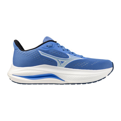Blue running shoe with white sole on a white background