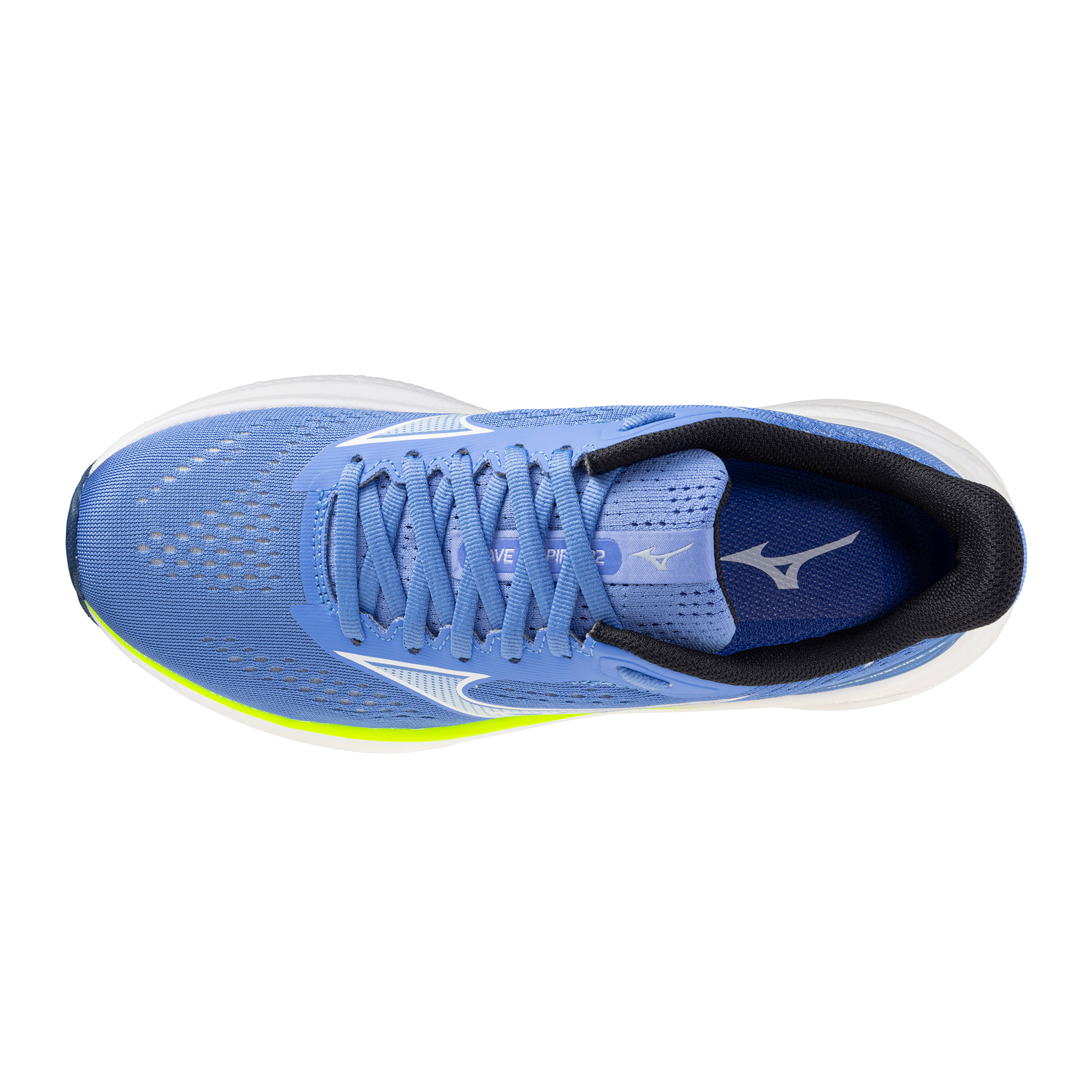 Blue running shoe with a white sole on a white background