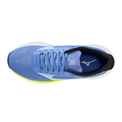 Blue running shoe with a white sole on a white background