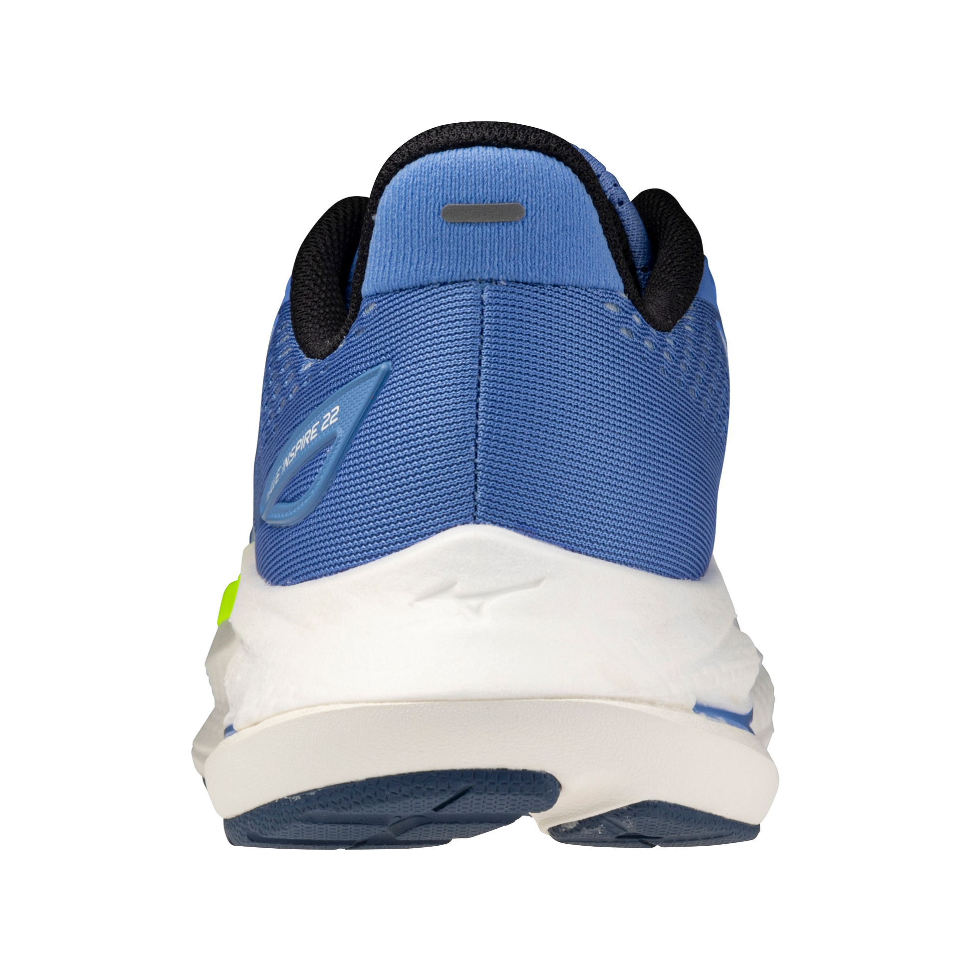 Blue and white athletic shoe with a visible brand logo on a white background