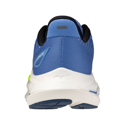 Blue and white athletic shoe with a visible brand logo on a white background