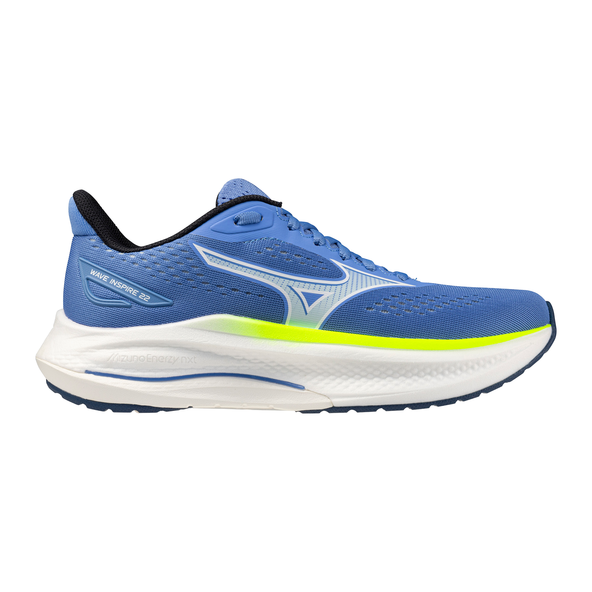 Blue running shoe with white sole on a white background