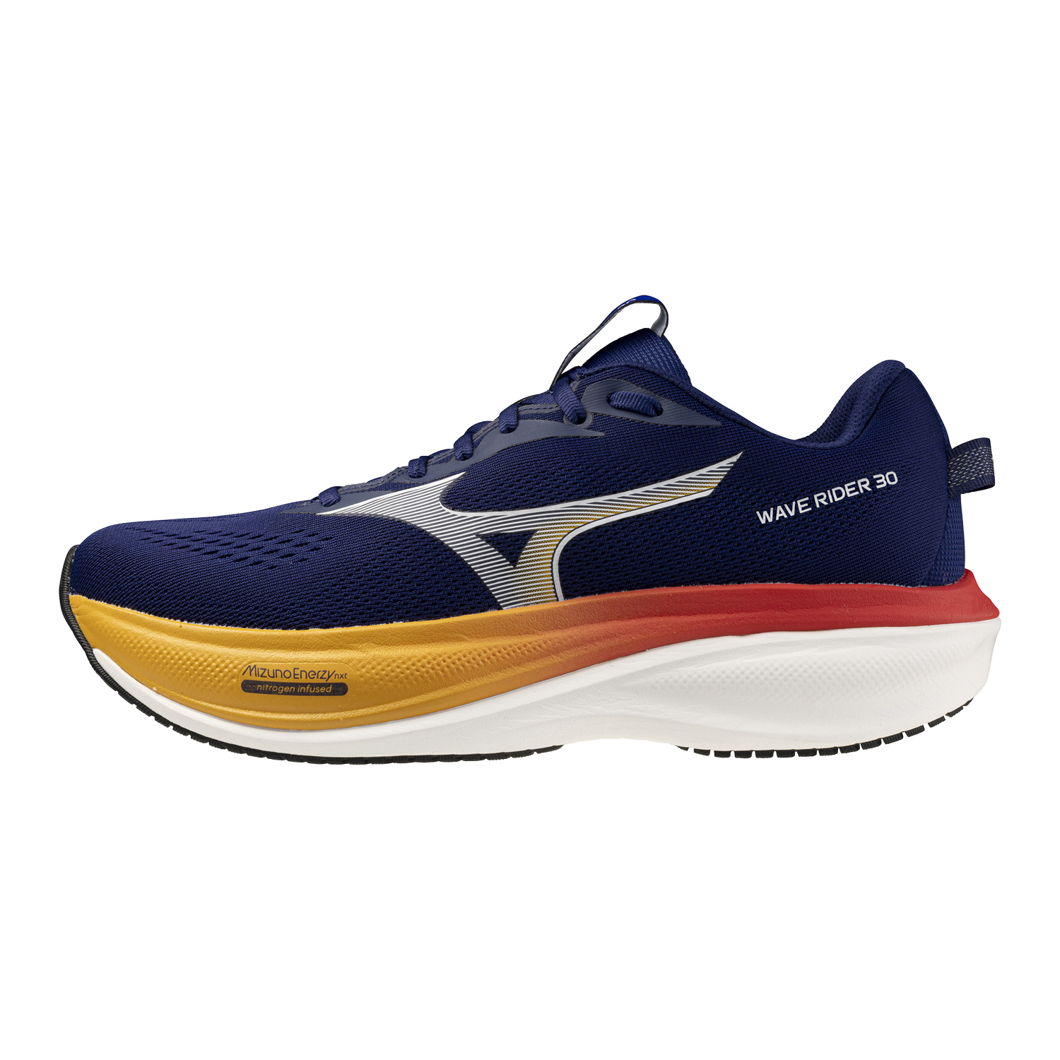 A single Mizuno Wave Rider 30 running shoe shown in a lateral profile view against a solid white background. The shoe features a navy blue mesh upper, a thick white midsole with a gold and red accent layer, and a metallic silver wave logo on the side.