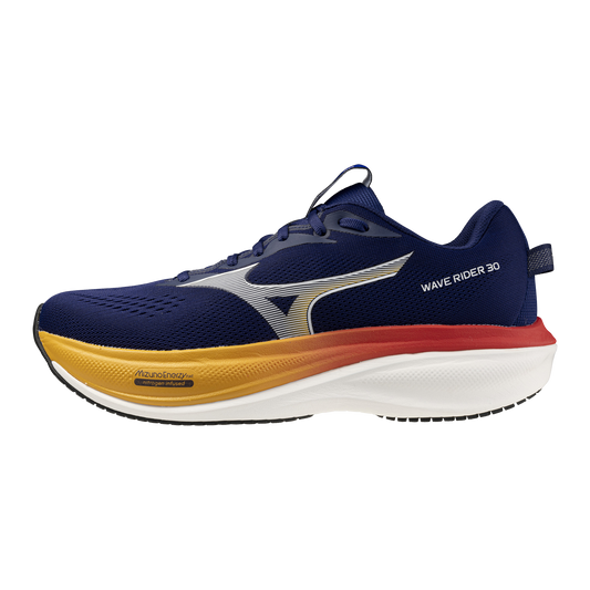 A single Mizuno Wave Rider 30 running shoe shown in a lateral profile view against a solid white background. The shoe features a navy blue mesh upper, a thick white midsole with a gold and red accent layer, and a metallic silver wave logo on the side.