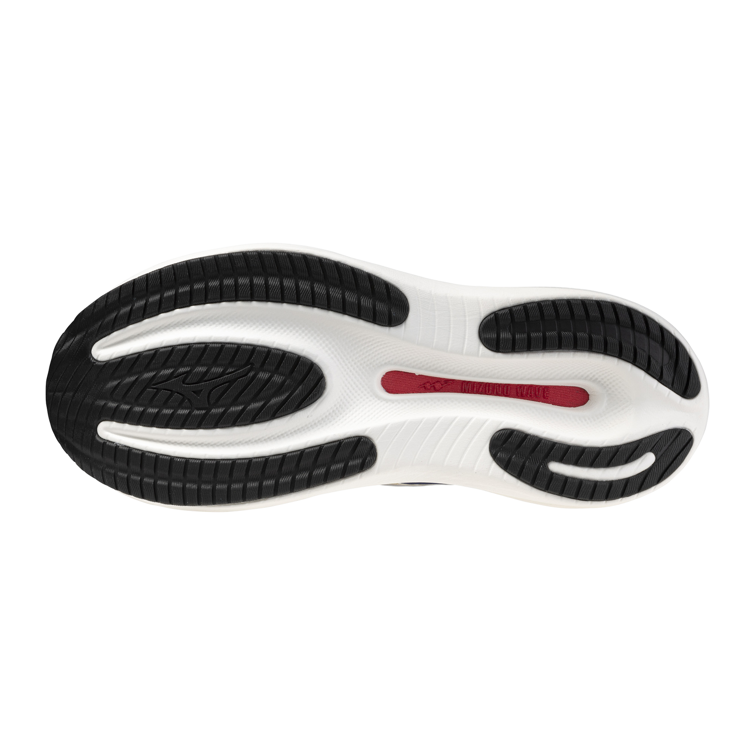 The outsole of a running shoe shown from a top-down view, featuring a white base with black textured grip sections and a small red accent strip in the center.