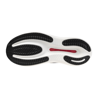 The outsole of a running shoe shown from a top-down view, featuring a white base with black textured grip sections and a small red accent strip in the center.