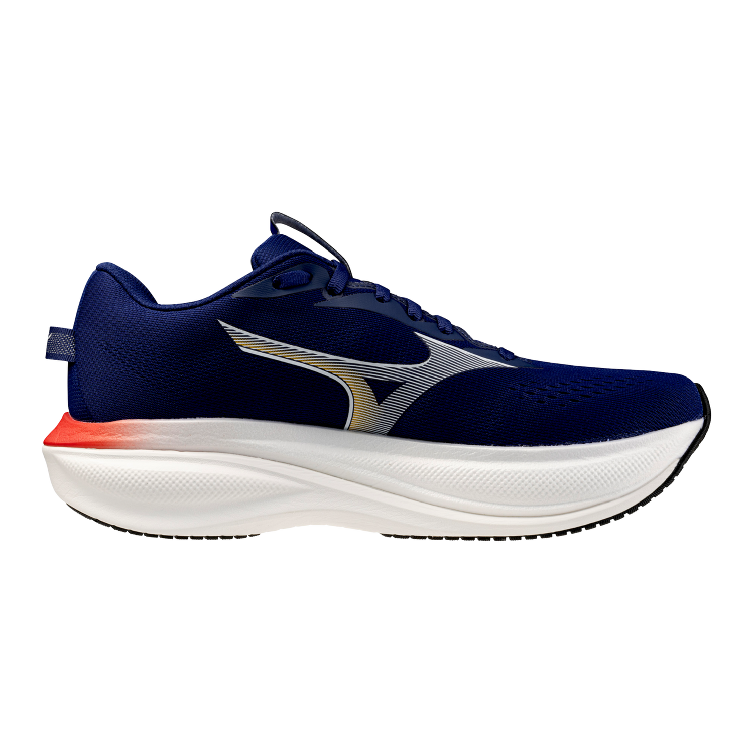 Navy running shoe with a white sole on a white background