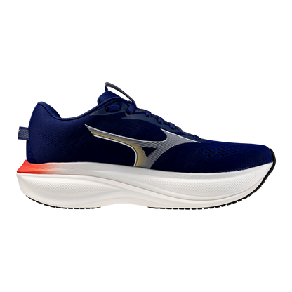 Navy running shoe with a white sole on a white background