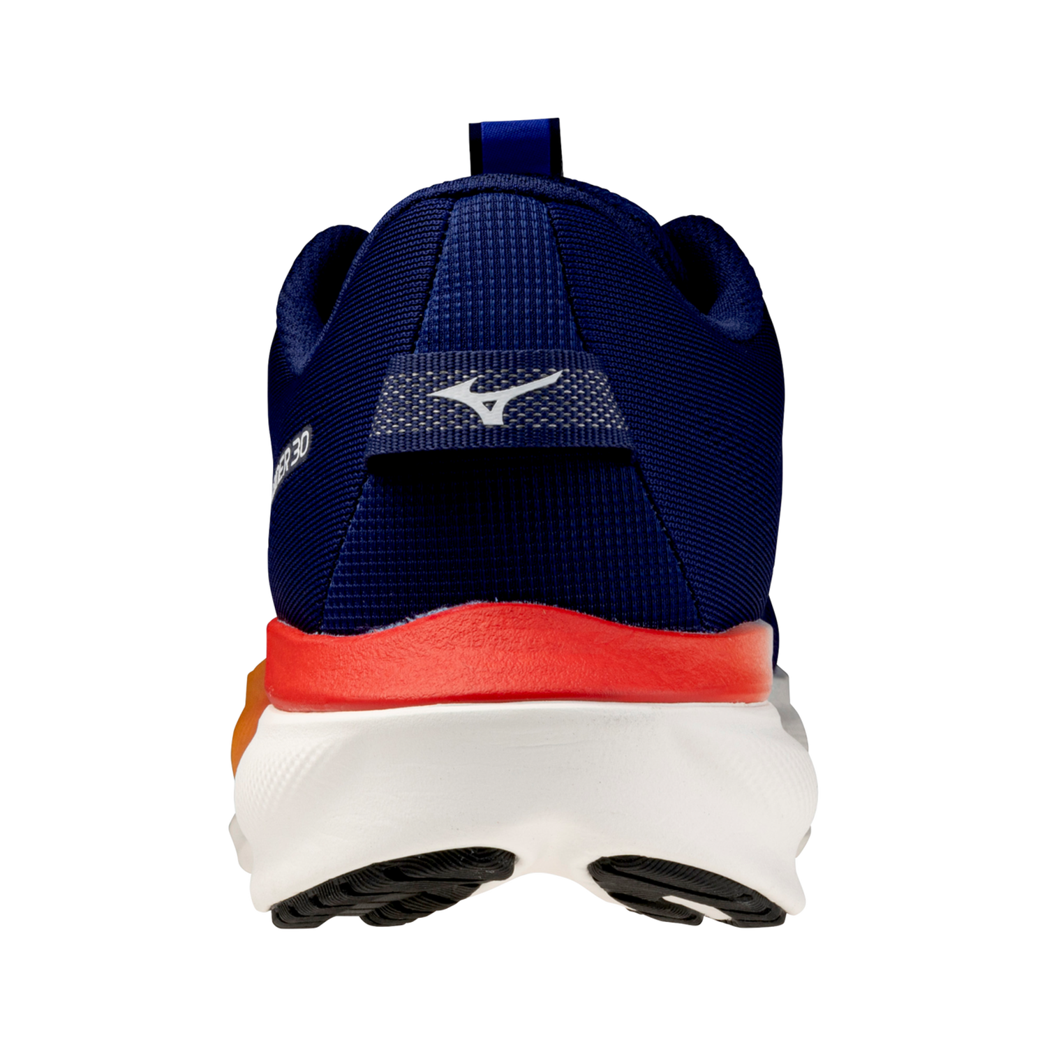 Rear view of a Mizuno running shoe in navy blue, featuring a white logo on the heel, a bright red midsole accent, and a white and black outsole.