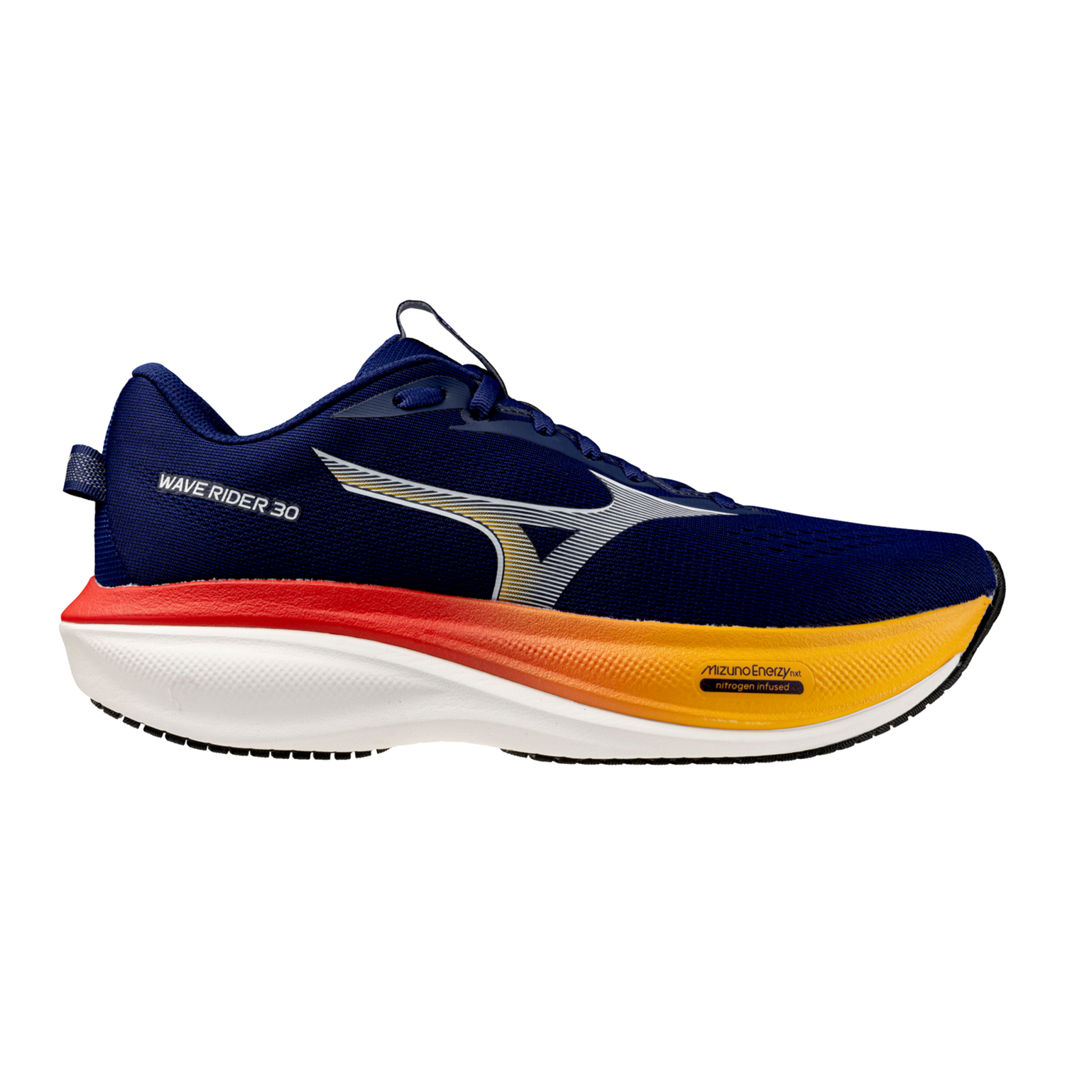 Navy running shoe with red and yellow sole on a white background