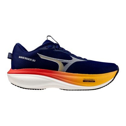 Navy running shoe with red and yellow sole on a white background