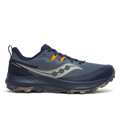 Saucony Peregrine 14 men's trail running shoe steel blue, gray and orange side view