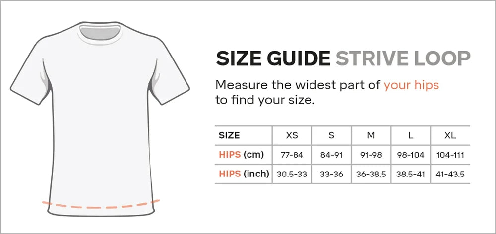 Silva running belt size guide for Strive Loop with measurement chart