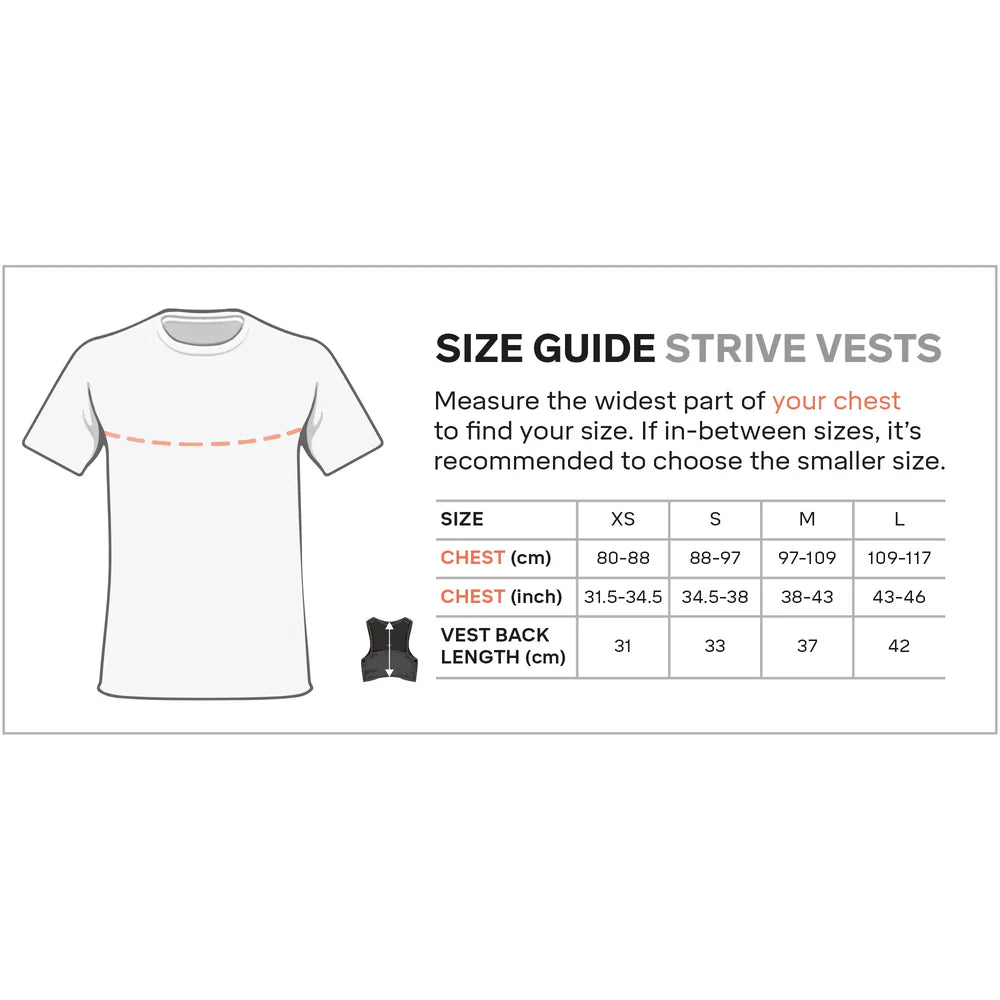 Size guide for Strive vests with a white t-shirt illustration and measurement chart.