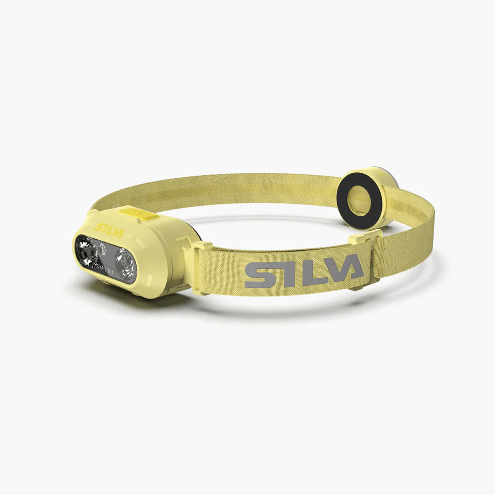Yellow headlamp with Silva branding on a white background