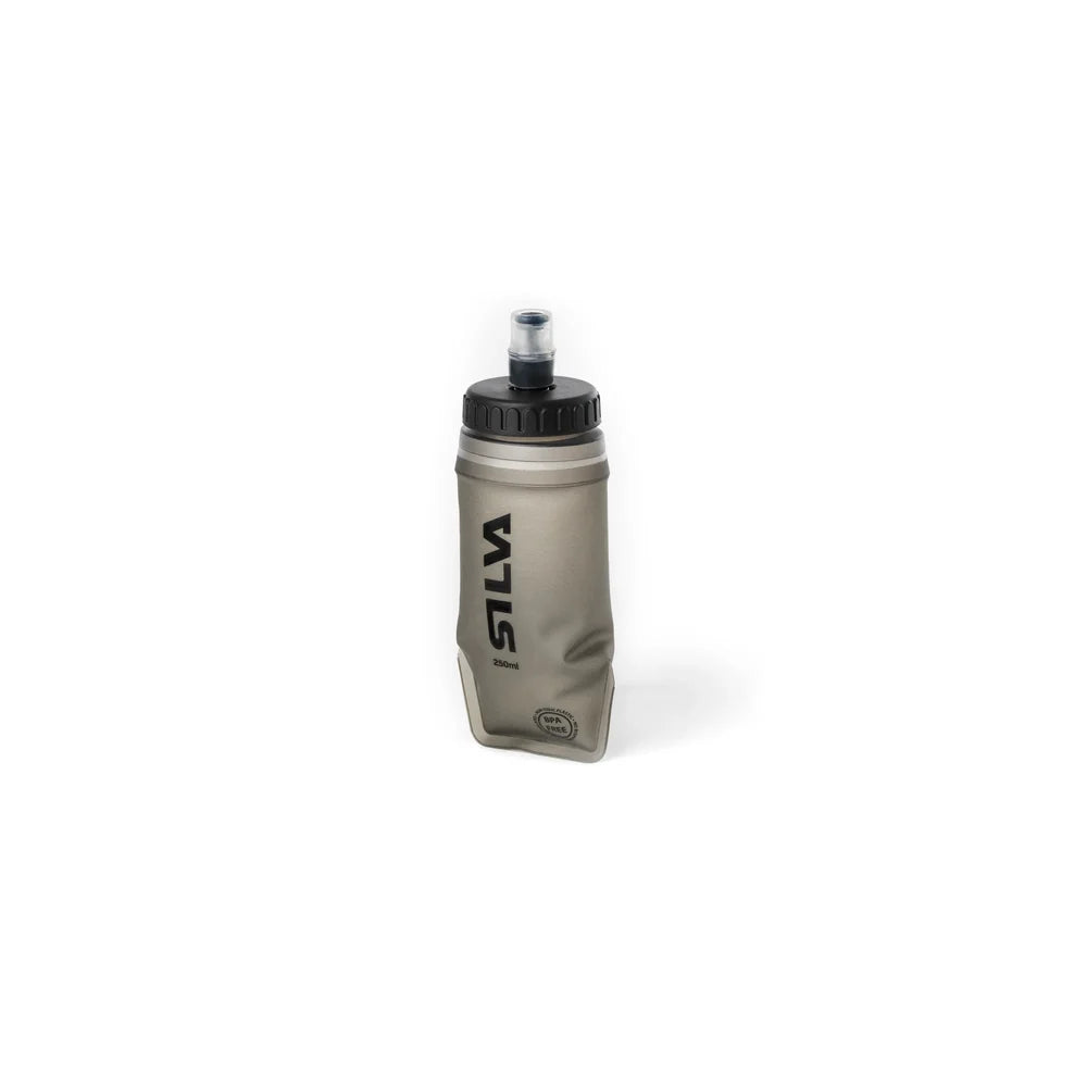 A Silva collapsible water bottle in a metallic gray finish with a black cap, shown on a plain white background.