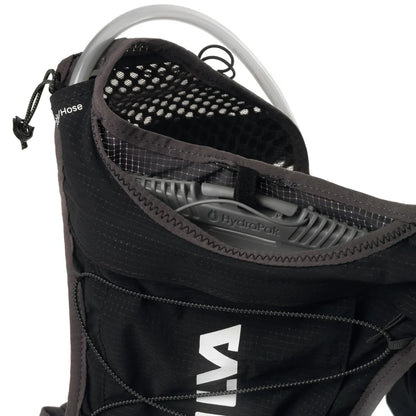 Black hydration pack with visible brand logo on a white background