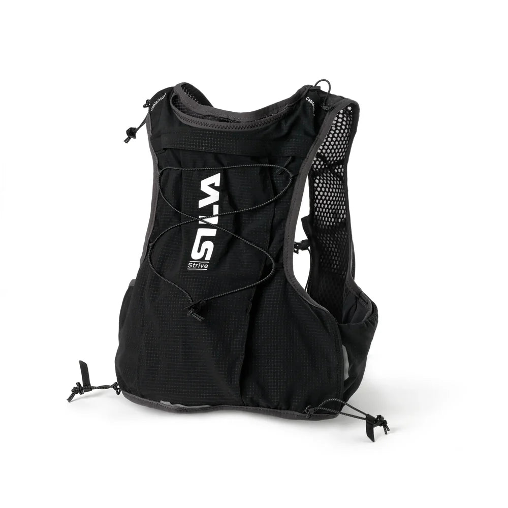 Black hydration vest with a brand logo on a white background