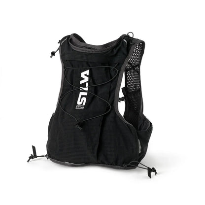 Black hydration vest with a brand logo on a white background