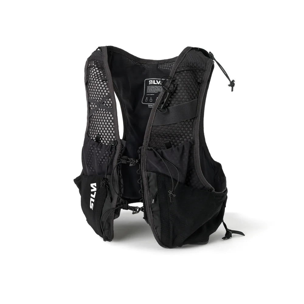 Black running vest with multiple pockets and a brand logo on a white background