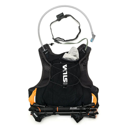 Black Silva hydration vest with water reservoir and poles on a white background