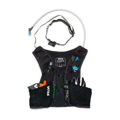 Black hydration vest with various pockets and a water bladder on a white background