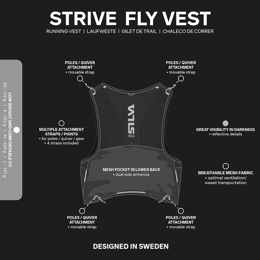 Strive Fly Vest with features and design details on a black background