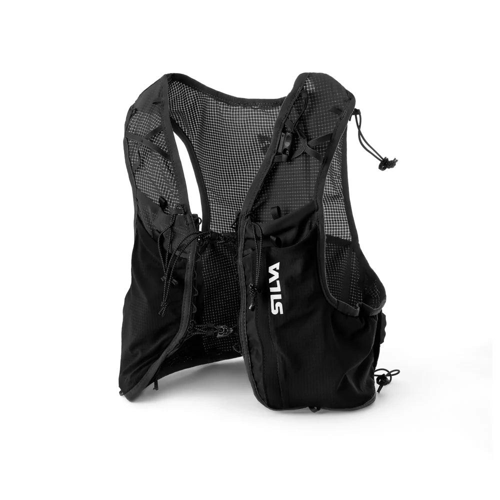 Black running vest with mesh design on a white background