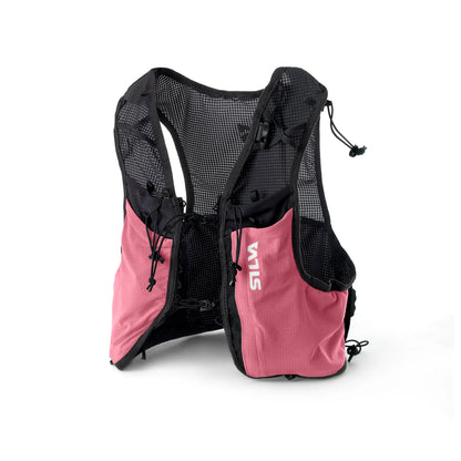 Pink and black hydration vest on a white background
