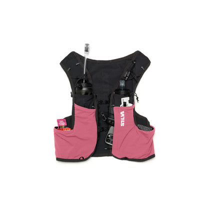 Black and pink running vest with multiple compartments on a white background