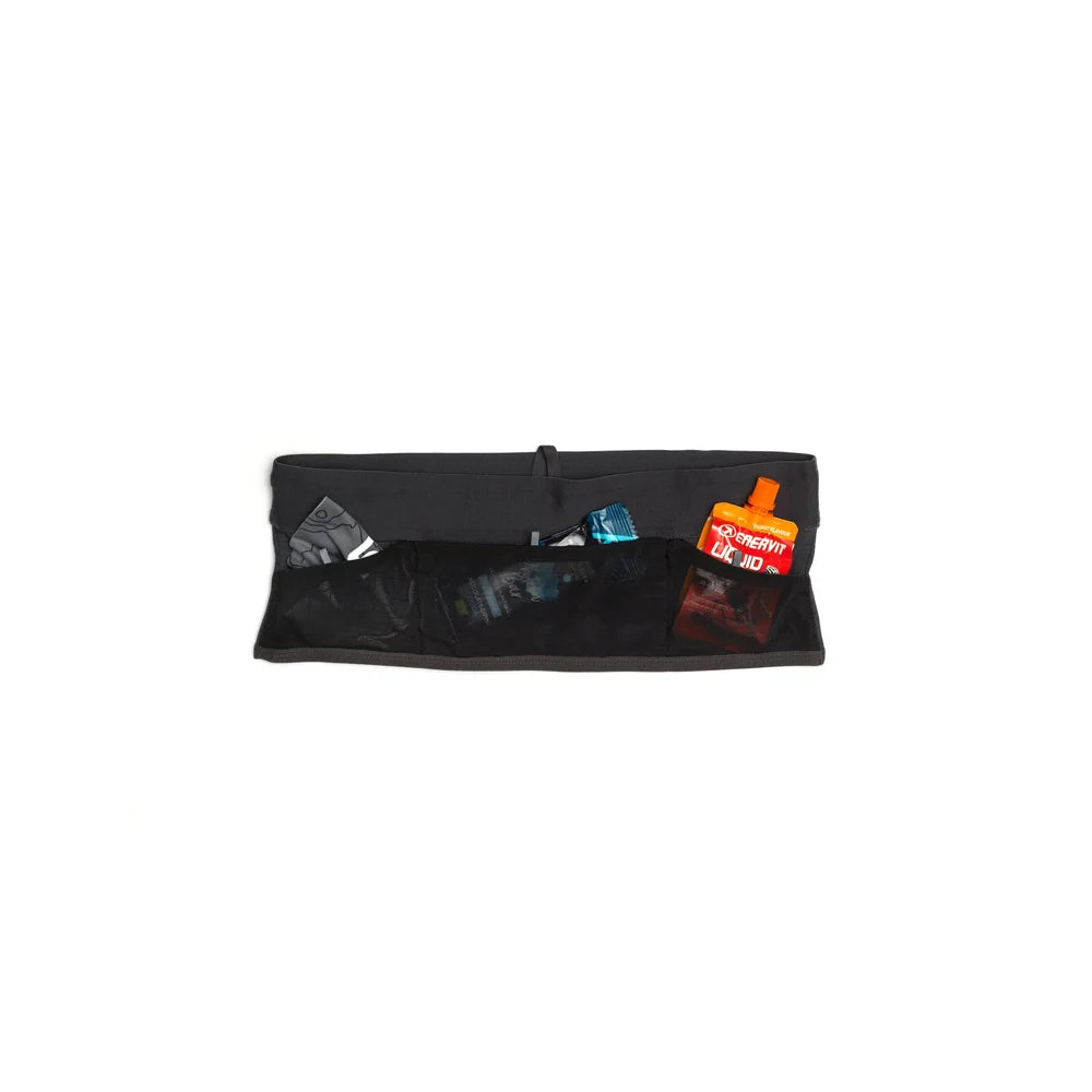 Black running belt with visible brand logo on a white background