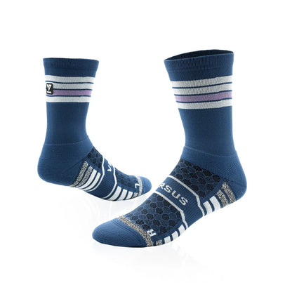 Pair of blue socks with white and purple stripes on a white background