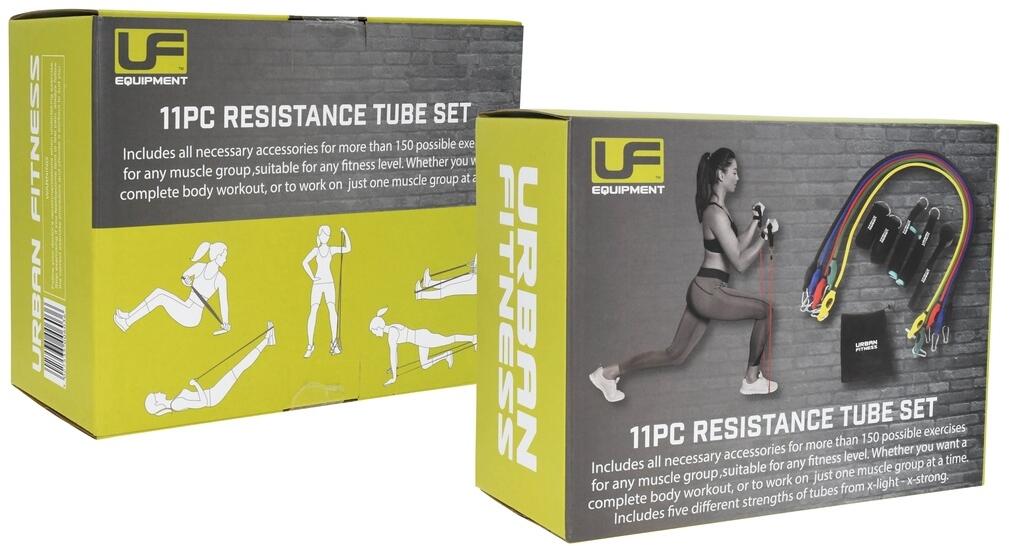 Two boxes of Urban Fitness 11-piece resistance tube sets with illustrations on the packaging.