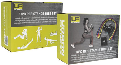 Two boxes of Urban Fitness 11-piece resistance tube sets with illustrations on the packaging.