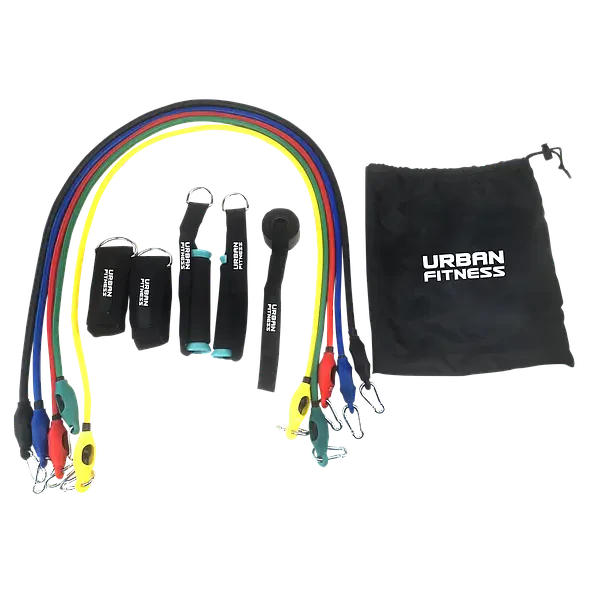 Resistance bands with attachments and a black drawstring bag labeled 'Urban Fitness' on a white background.
