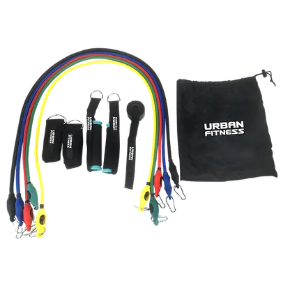 Resistance bands with attachments and a black drawstring bag labeled 'Urban Fitness' on a white background.