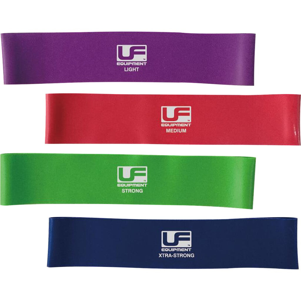 Set of four resistance bands in purple, red, green, and blue with logos on a white background.