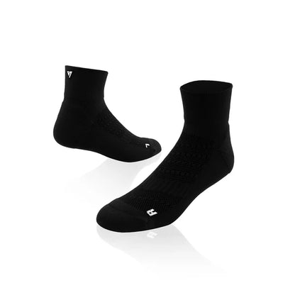 Two black socks with a brand logo on a white background