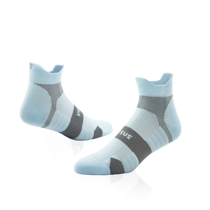 Pair of light blue and gray Versus Performance Ankle Running socks on a white background
