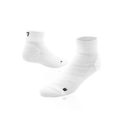 Two white socks with a brand logo on a white background