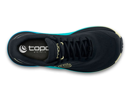 Black athletic shoe with teal accents on a white background