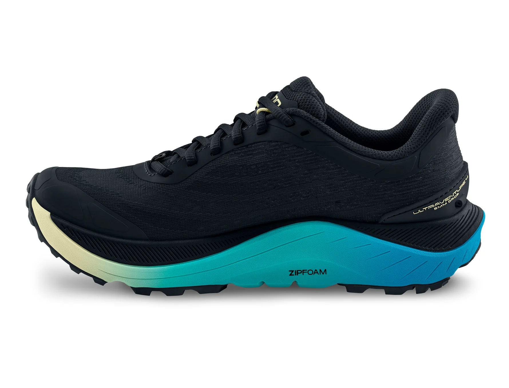 Black running shoe with blue sole on a white background
