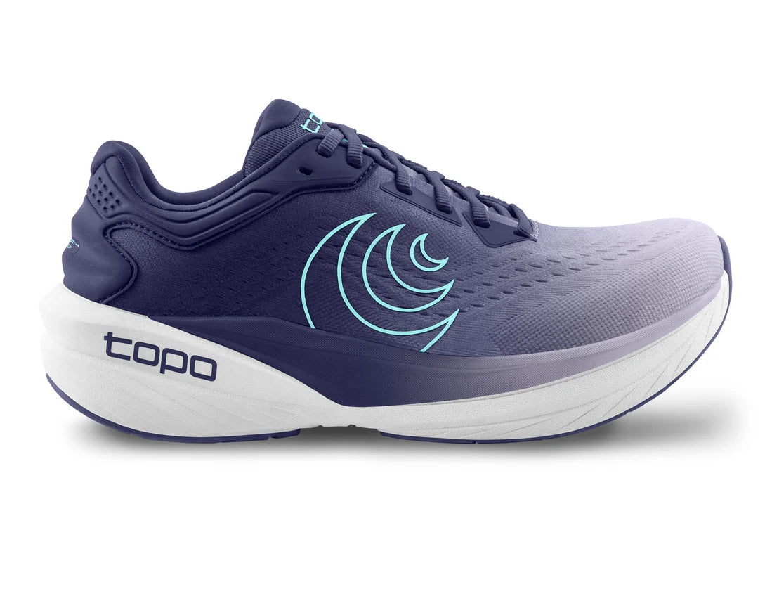 Purple running shoe with white sole and blue logo on a white background