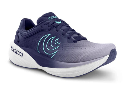Purple and gray running shoe with Topo logo on a white background