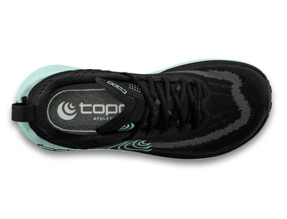 Black and mint Topo trail running shoe top view