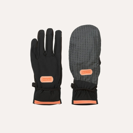 A pair of SealSKinz winter gloves shown against a light cream background, displaying both the black back of one glove and the textured gray palm of the other.