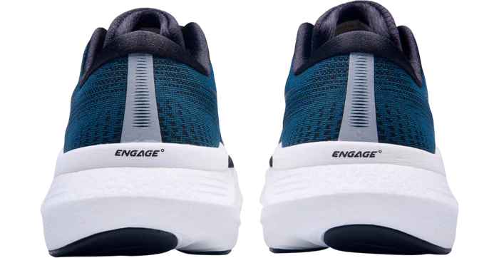 Blue running shoes with 'Engage' branding on a white background