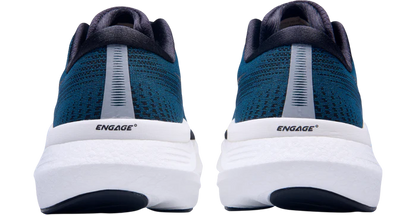 Blue running shoes with 'Engage' branding on a white background