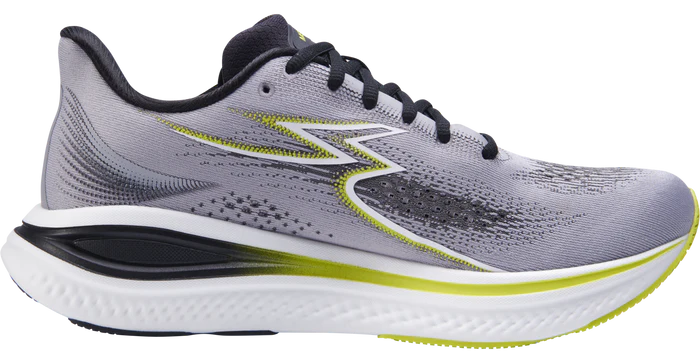 Gray running shoe with black and yellow accents on a white background